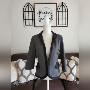 Anthropologie Cartonnier Hadley Gray Black Tuxedo Peplum Ruffle Blazer Size 8